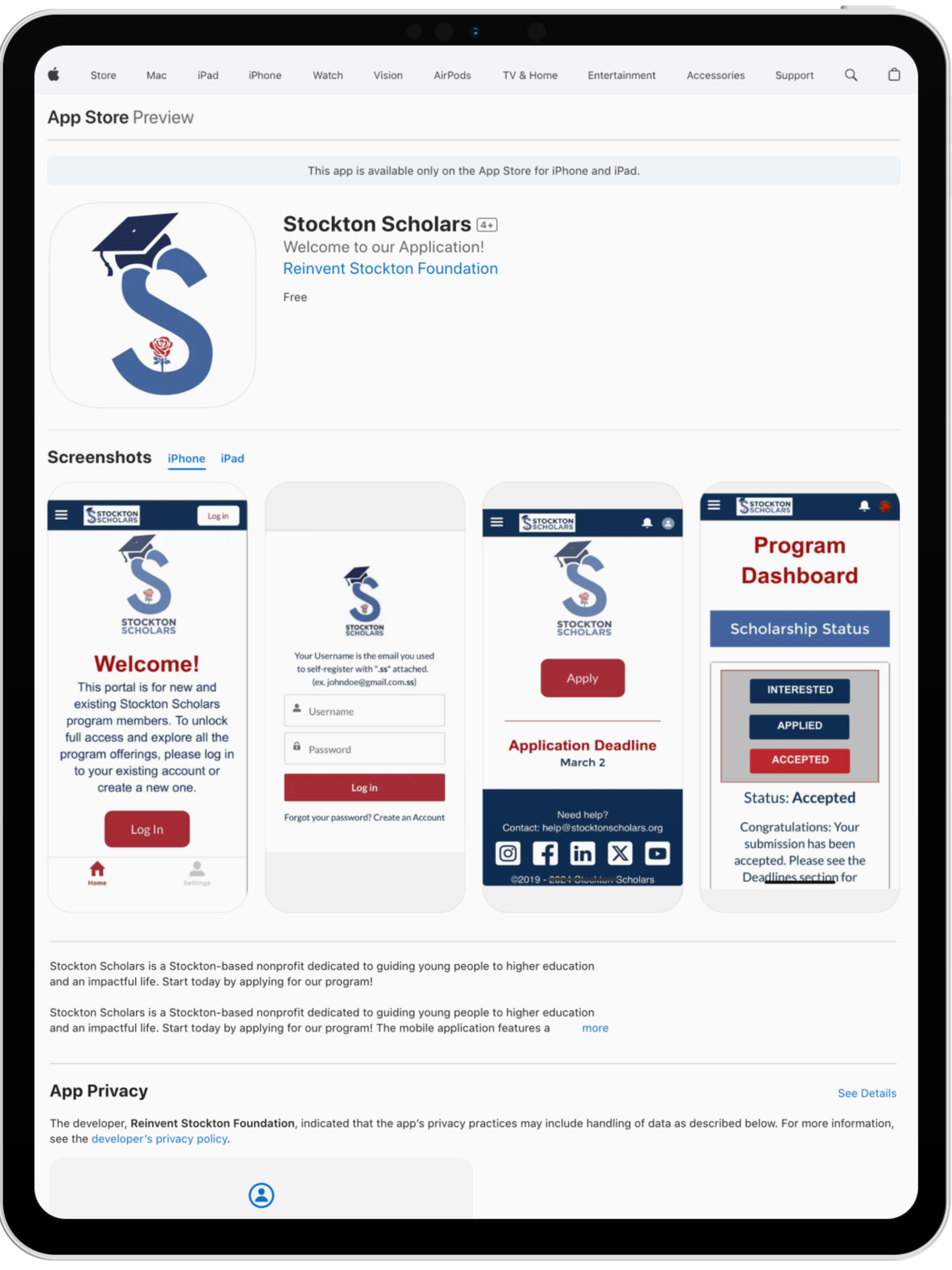 ipad image of Stockton Scholars Apply on Apple App Store